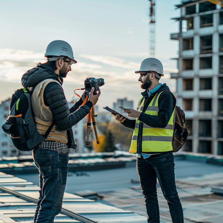 Engineers reviewing plans on a commercial rooftop