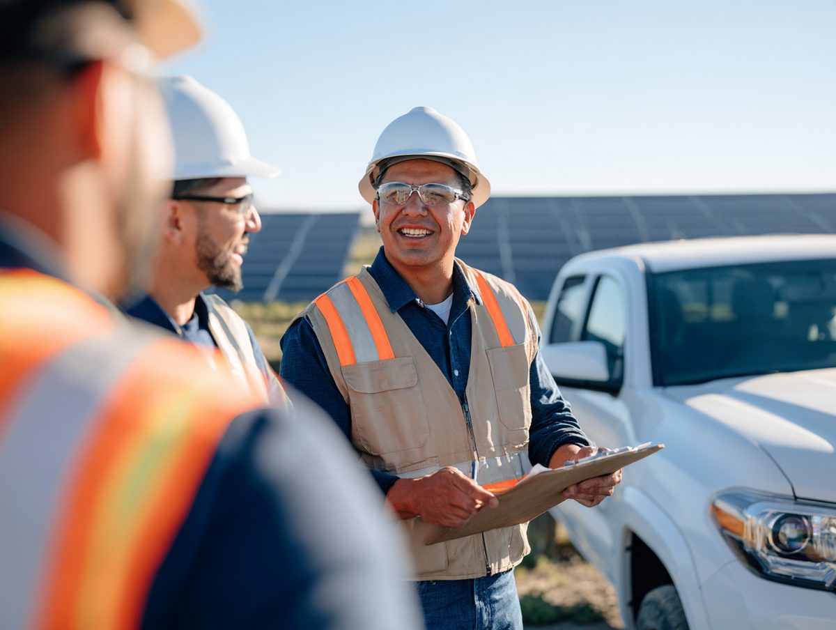 O&M crew lead briefing technicians beside a pickup at the edge of a solar array