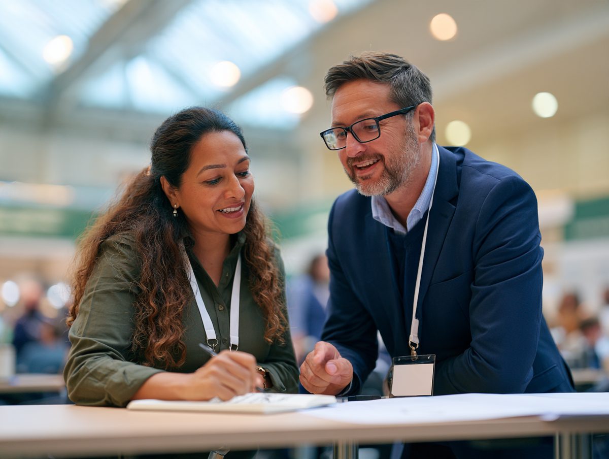 Two renewable energy professionals talking at a standing table at an industry conference