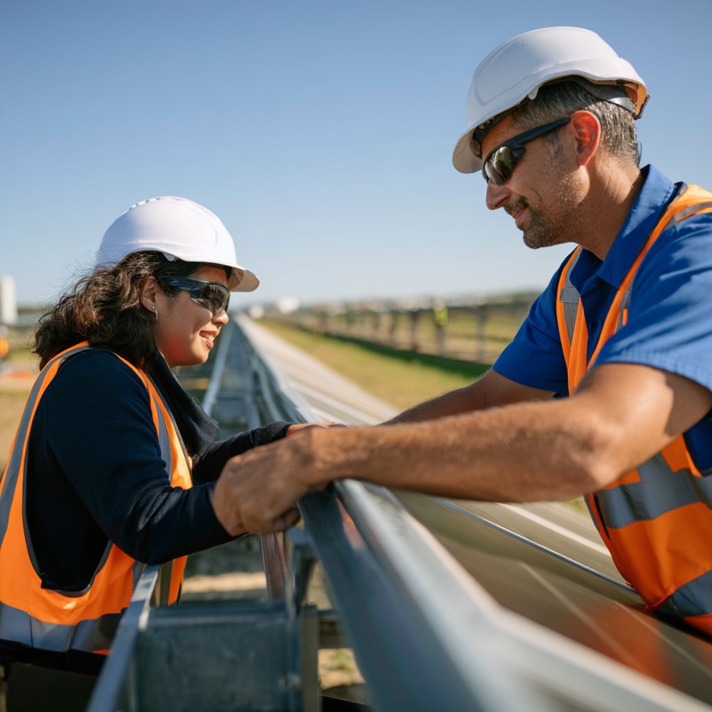 Quality inspector and foreman checking tracker hardware alignment on a new solar row