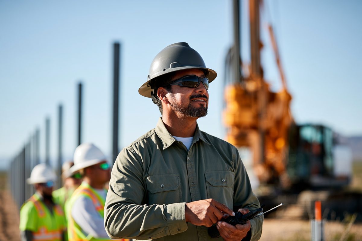 Construction superintendent directing a pile-driving crew on a utility-scale solar site