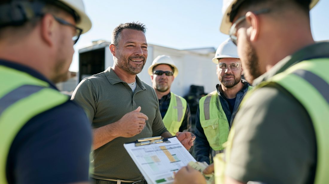 Construction manager leading a crew briefing on site