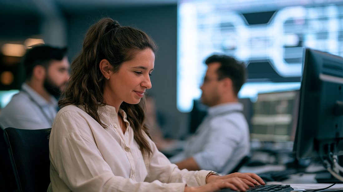 Analyst studying grid maps and price charts across several screens