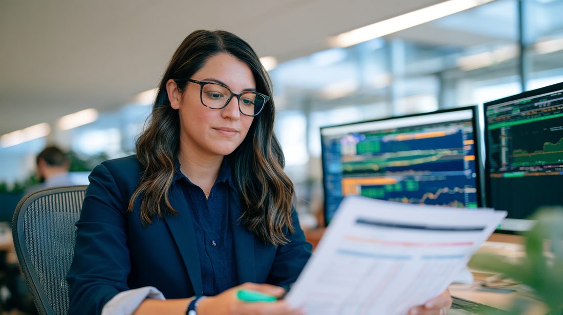 Financial analyst reviewing charts on a laptop