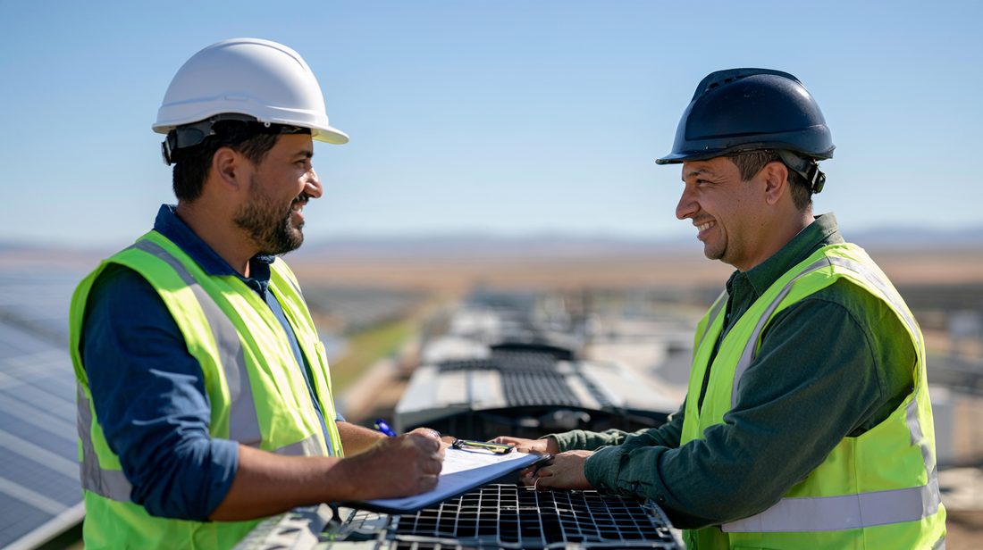 Asset manager with a tablet at a solar site's inverters