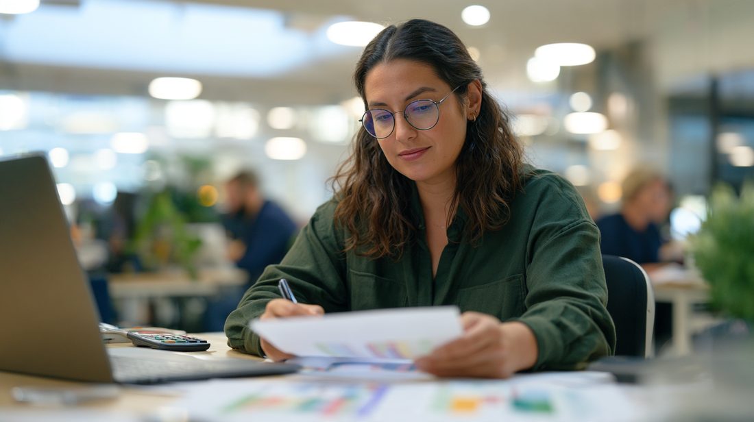Finance manager reviewing project data at her desk