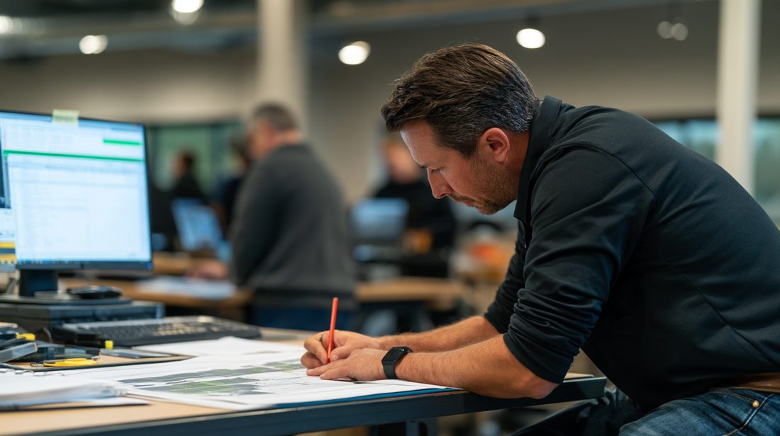 Senior engineer reviewing drawings with a colleague