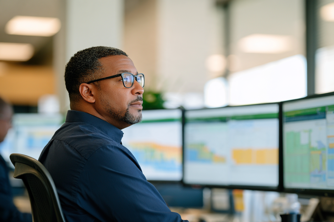Energy market analyst reviewing grid and price maps on monitors