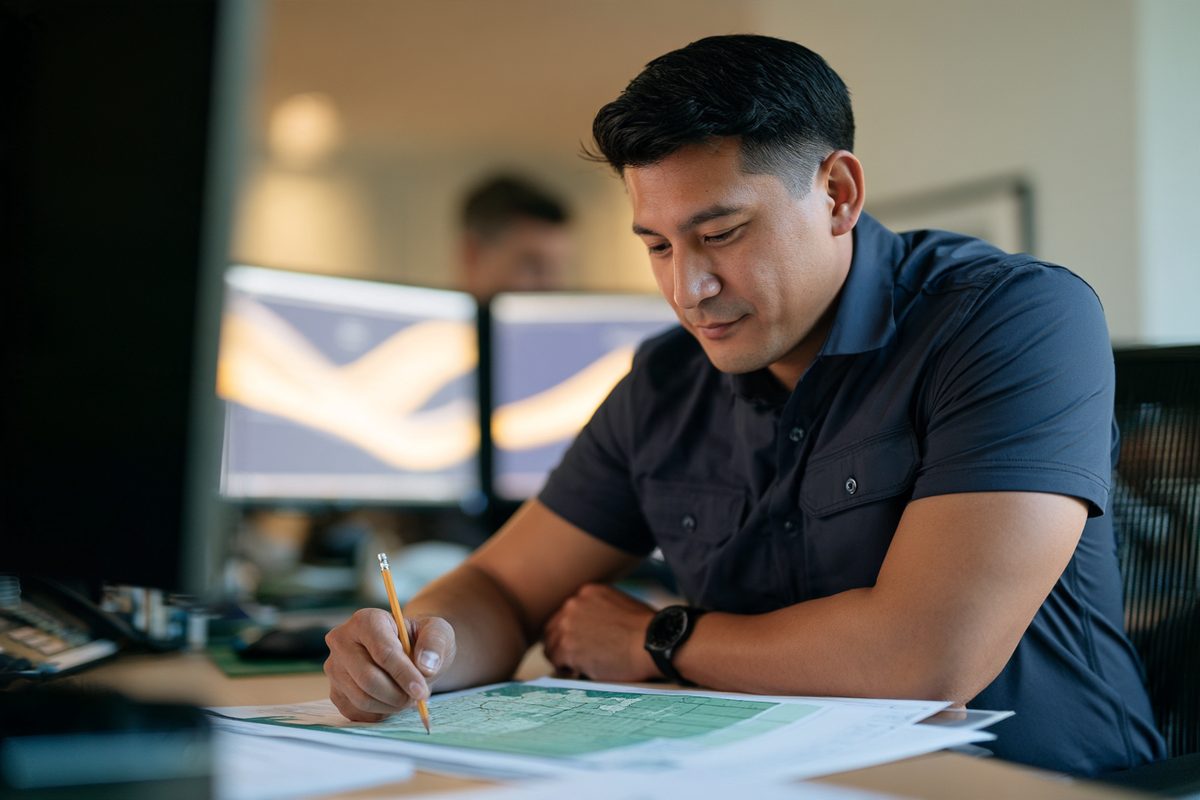 Energy market analyst marking up a printed regional grid map at his desk