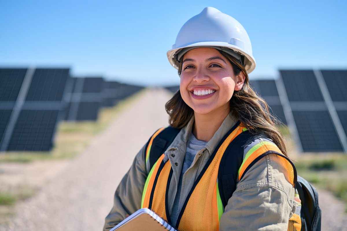 Recent graduate in a hard hat and hi-vis vest on a site visit at a utility-scale solar farm