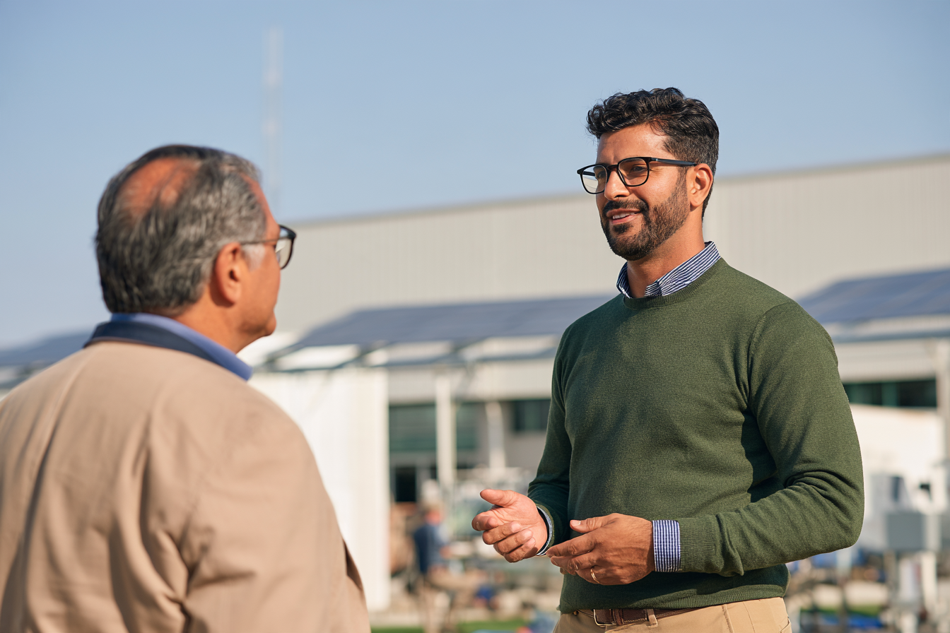 Two professionals talking outside a commercial building with rooftop solar
