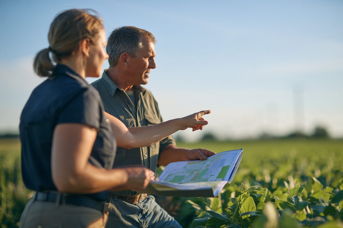 Project developer and farmer landowner walking a field edge with a parcel map