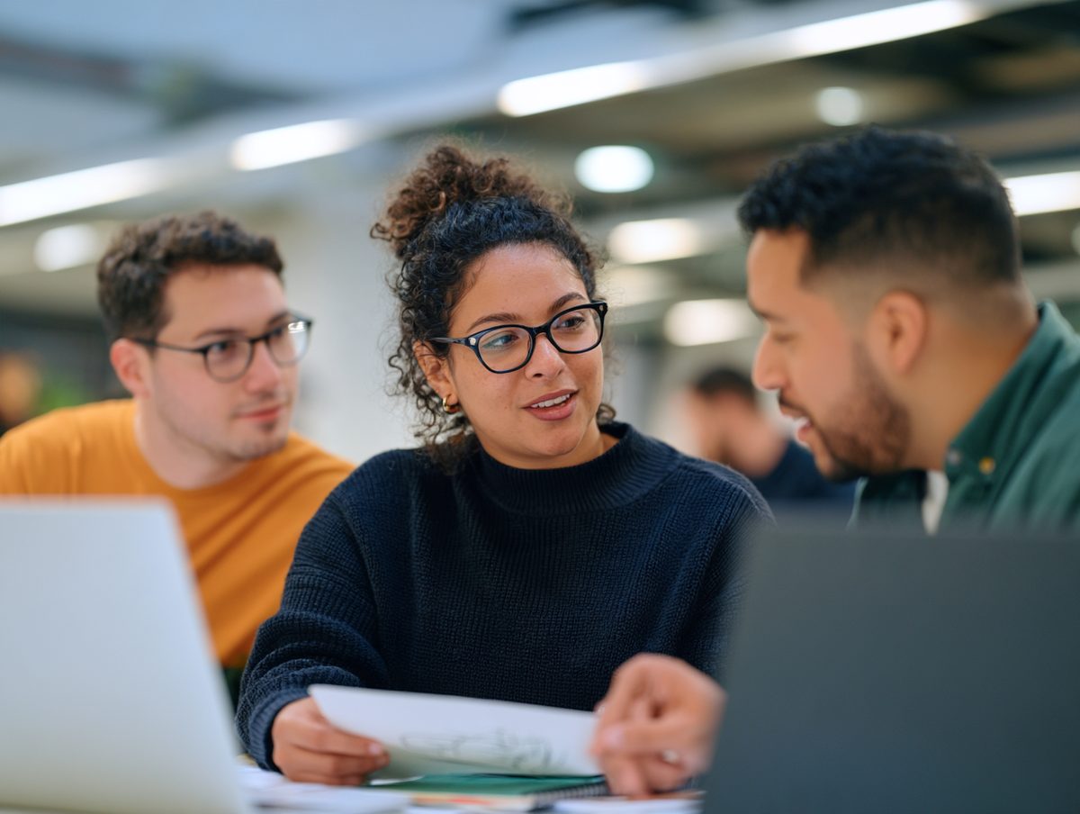 Three early-career professionals working through a renewable energy problem together