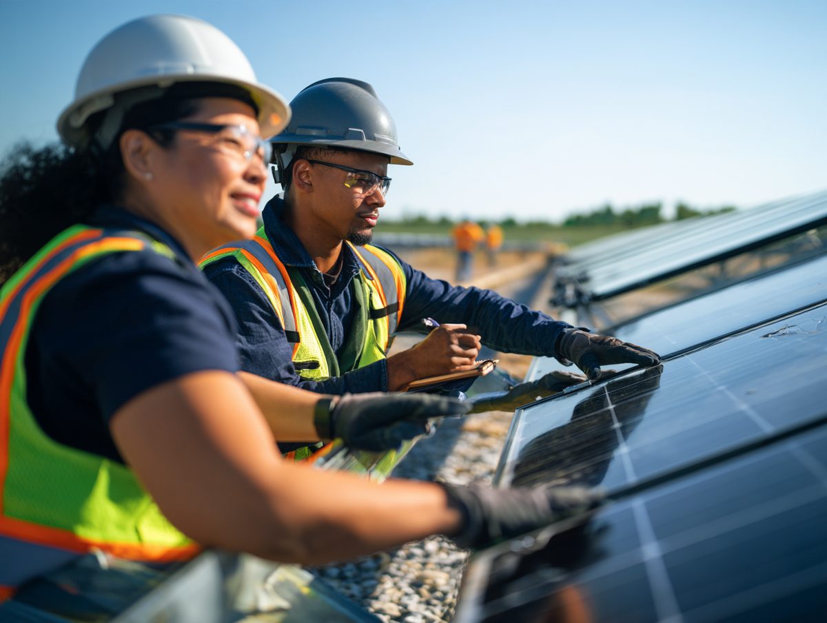 Senior field engineer showing an apprentice technician an inspection finding on a solar module