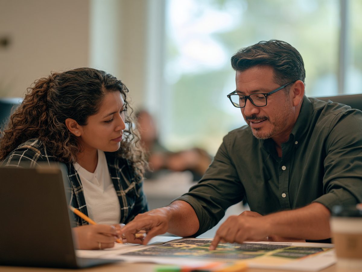 Senior development manager and analyst reviewing a printed solar site layout together