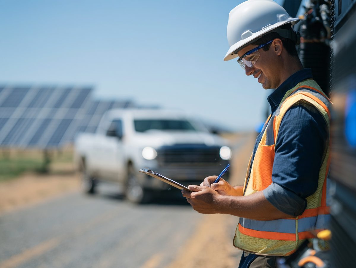 Field engineer in PPE taking notes beside equipment at a solar site