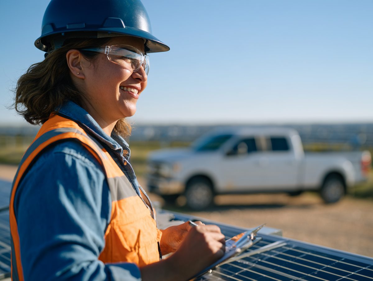 O&M technician in PPE recording an inspection at an operating solar farm