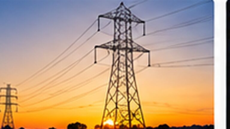 High-voltage transmission tower at sunset