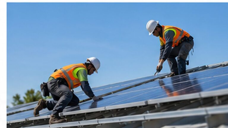 Installers mounting solar modules on a rooftop