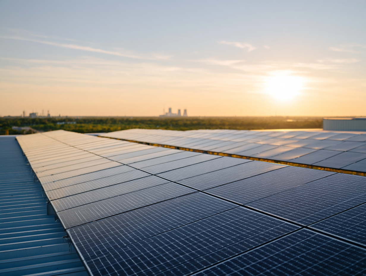 Rooftop solar array at golden hour