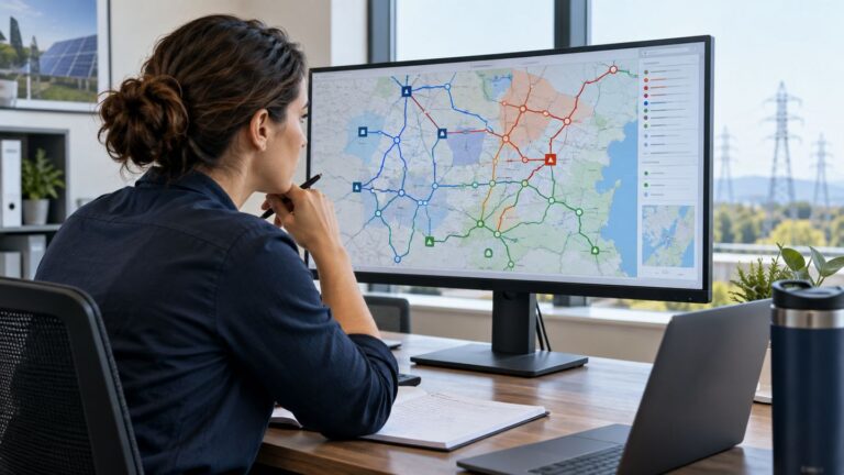 Originator reviewing a map of prospective sites on a large monitor