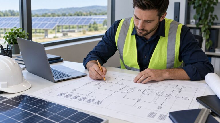 Engineer marking up a solar layout drawing at his desk