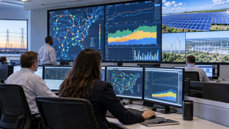 Analyst reviewing solar production data on several monitors