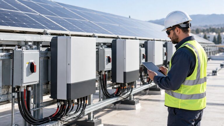 Row of string inverters at a solar installation