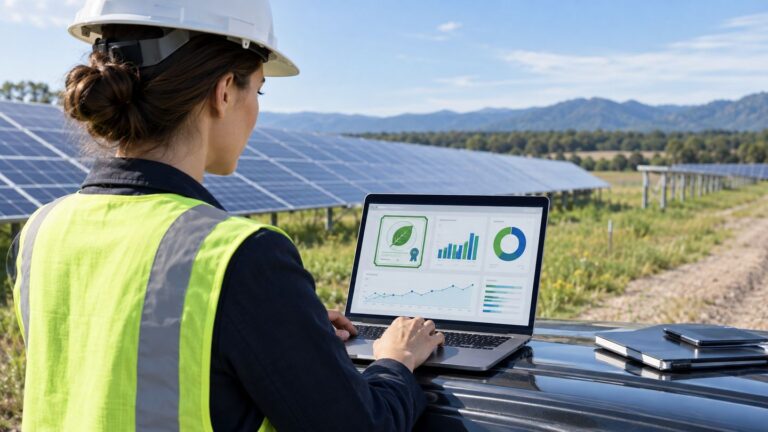 Field professional reviewing renewable energy credit data on a laptop at a solar site