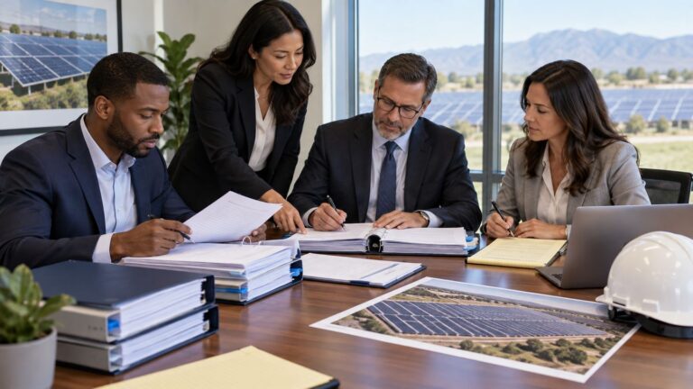 Project team reviewing financial documents around a conference table