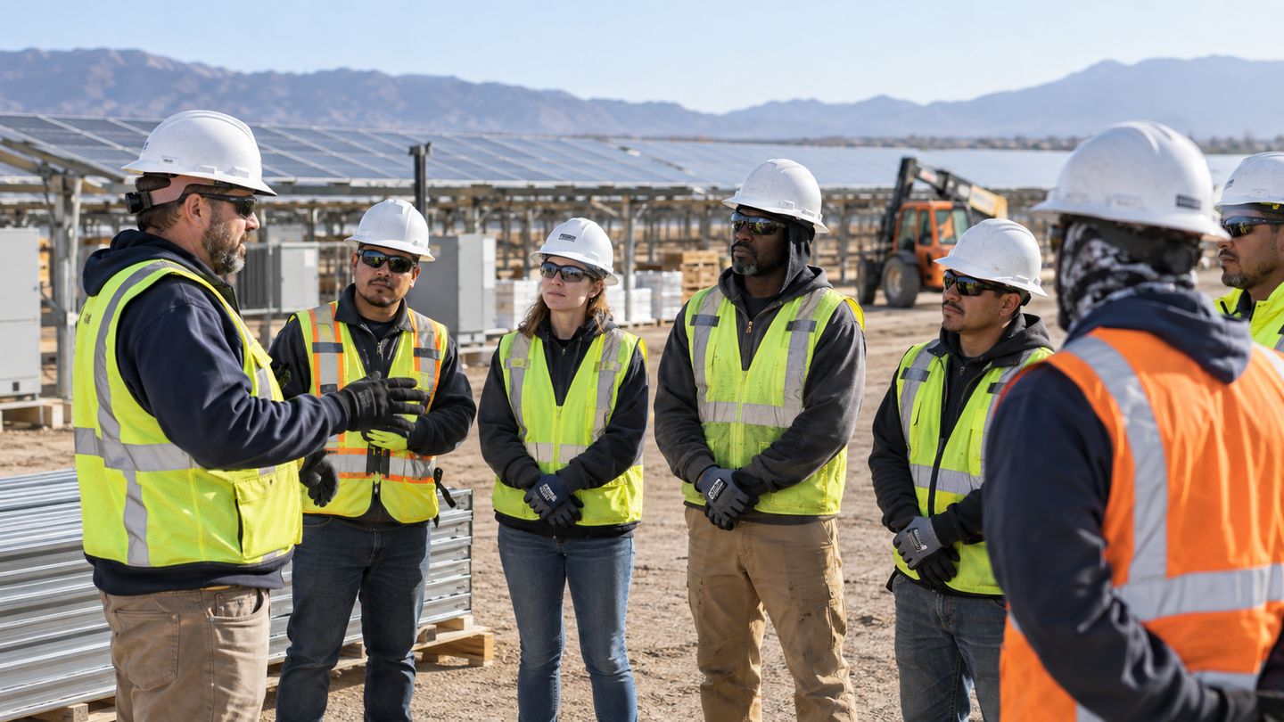 Solar construction crew in PPE at a morning safety briefing