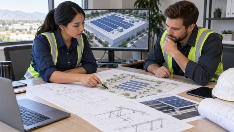Engineers reviewing a solar design package together