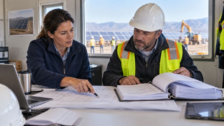 Construction team reviewing project plans and schedules at a table