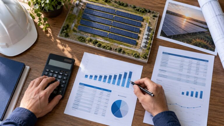Analyst reviewing financial charts with a calculator