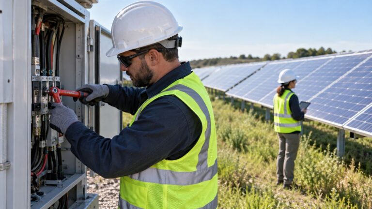 Technician testing electrical equipment at a solar site