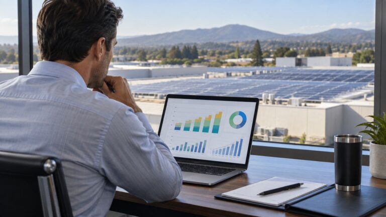 Analyst tracking solar production data on a laptop
