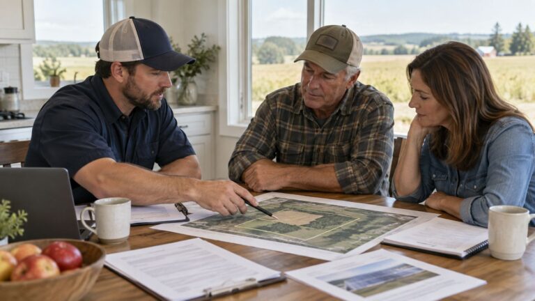 Developer reviewing site maps with a landowner at a kitchen table