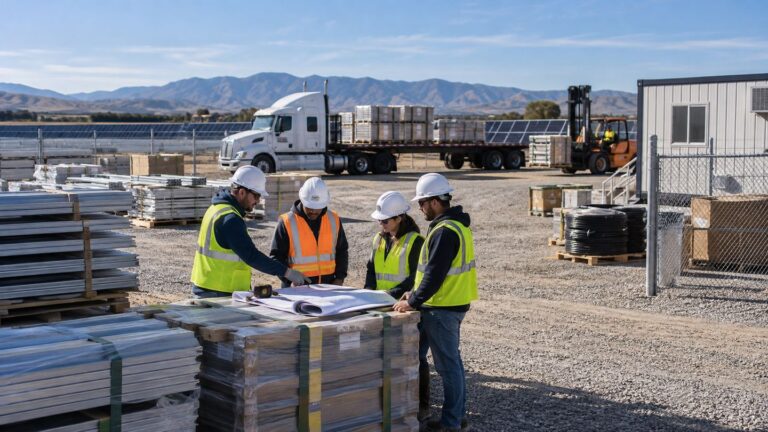 Construction crew checking pallets of solar modules delivered to site