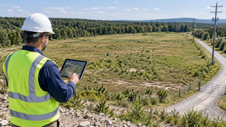 Professional in a safety vest assessing an open field with a tablet