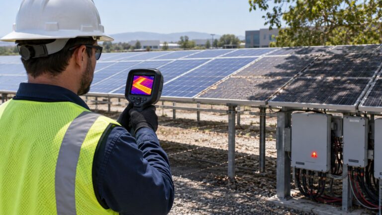 Technician using a thermal camera to inspect solar equipment