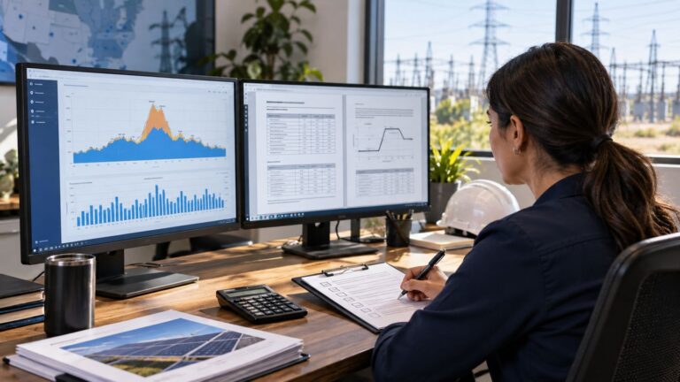 Analyst reviewing utility load and rate data on two monitors
