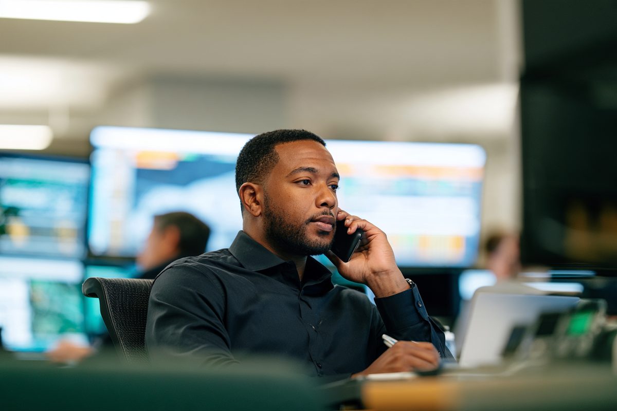 Trader watching live market data on a wall of screens