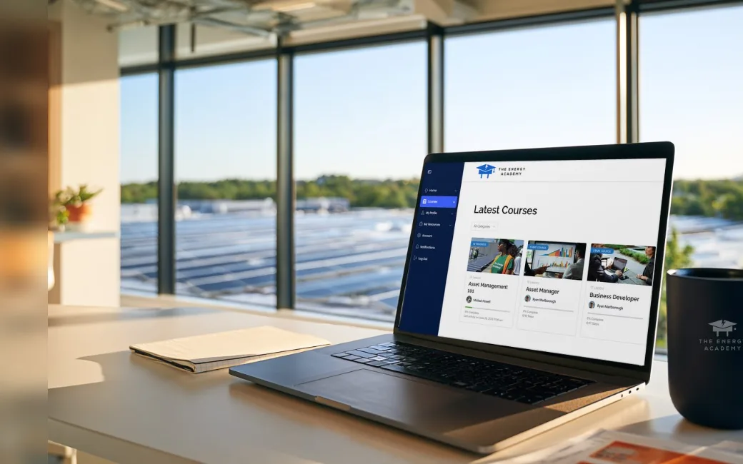 The Energy Academy course catalog on a laptop: Asset Management 101, Asset Manager and Business Developer courses