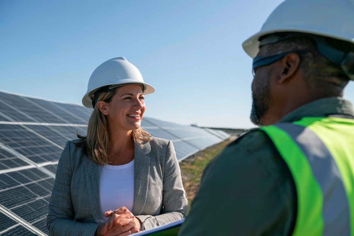 Two renewable energy professionals in conversation