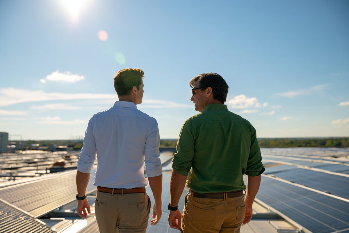 Two professionals discussing a rooftop site on a commercial building