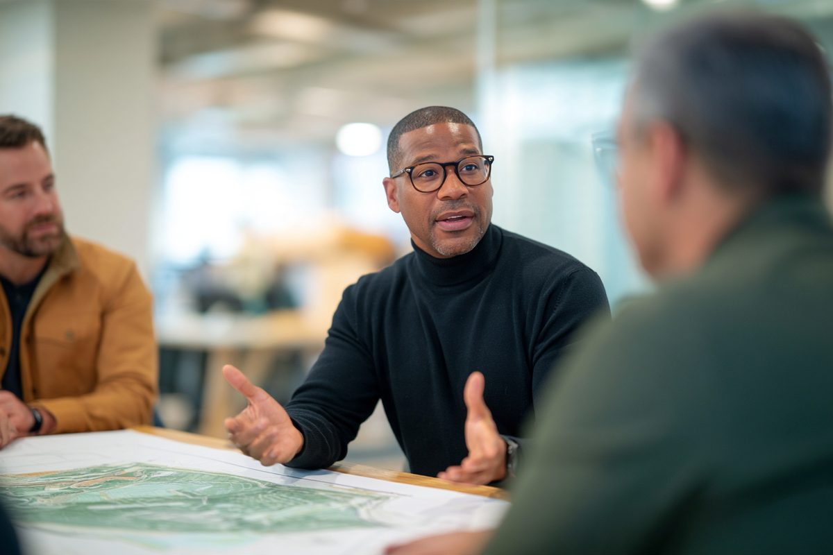 Development manager and engineer reviewing site maps together