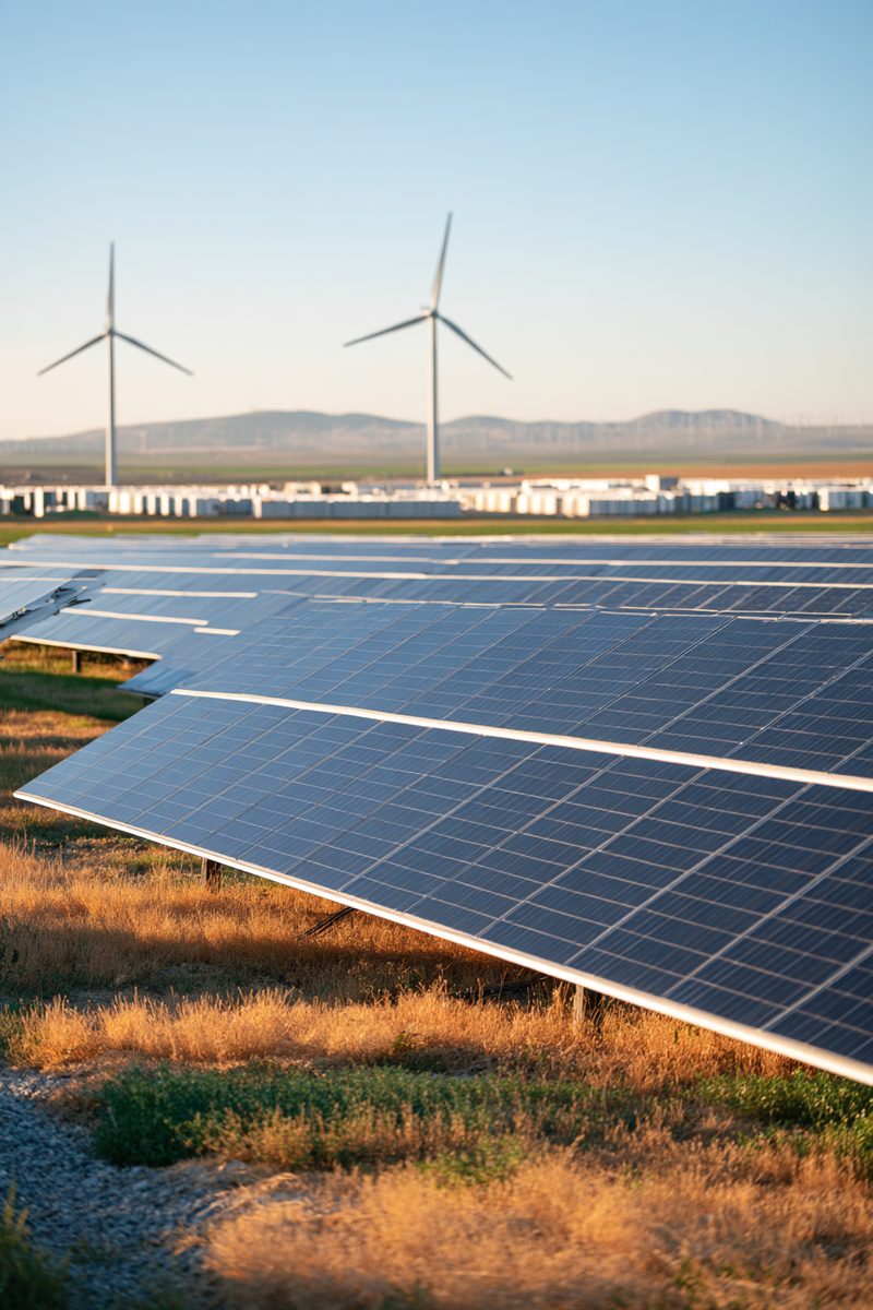 Aerial view of a solar farm with battery storage containers