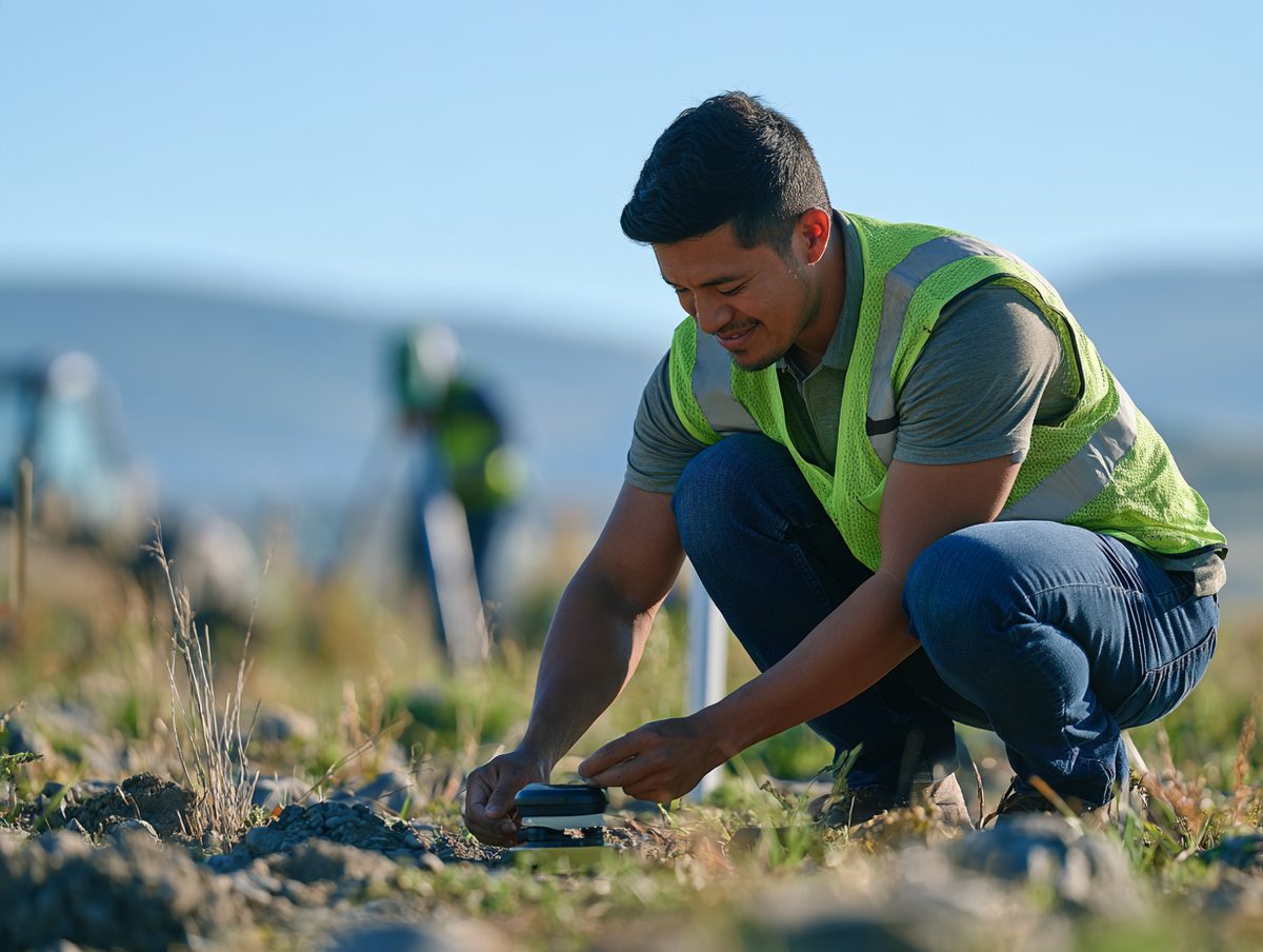 Survey crew in hi-vis setting up equipment on a prospective solar site