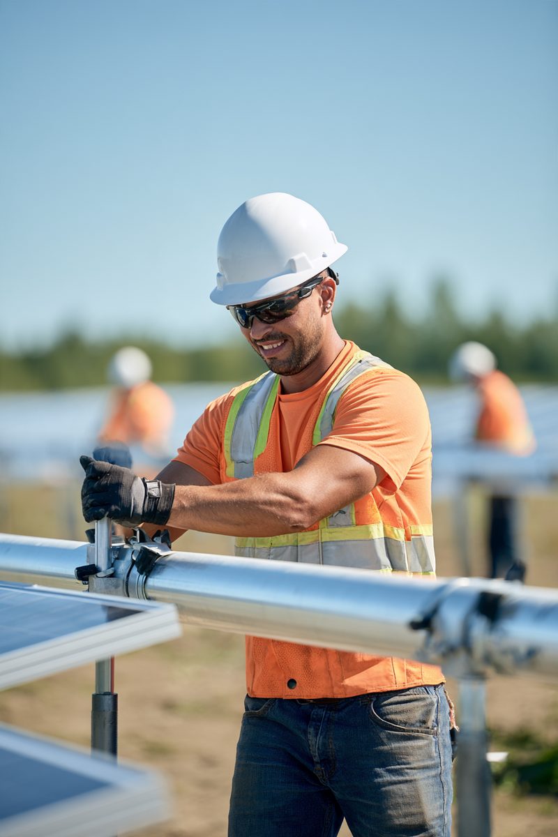 Crew installing racking on a solar project under construction